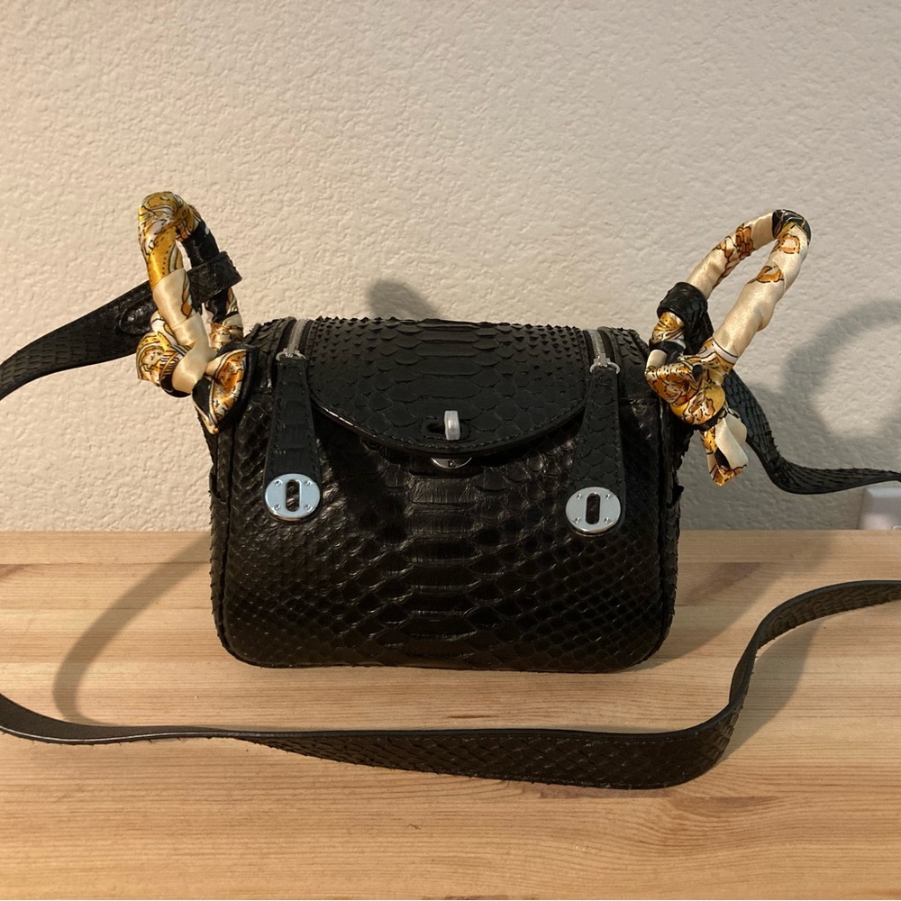 Black Python Textured Handbag With Scarf Accents … - image 1